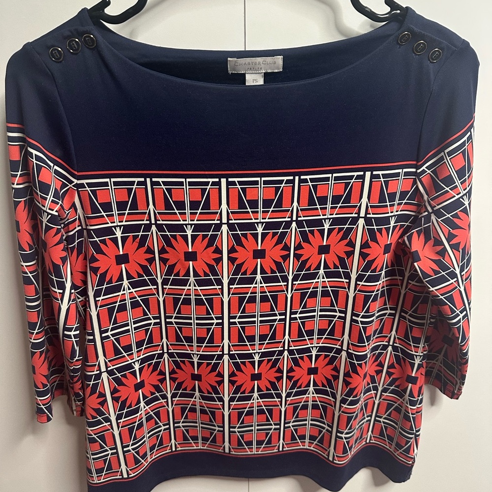 Charter Club Blue and Red Graphic Boxy Blouse